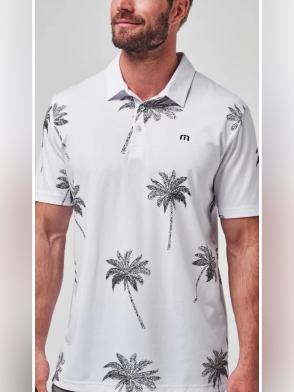 Travis Mathew Men’s Mesic Polo White Palm-Print Polo Shirt